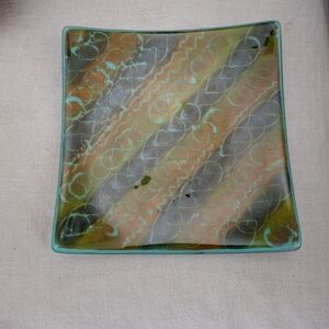 Handmade Fused Art Glass Plate/Dish, 8x8, Teal, Orange, & Dark Green